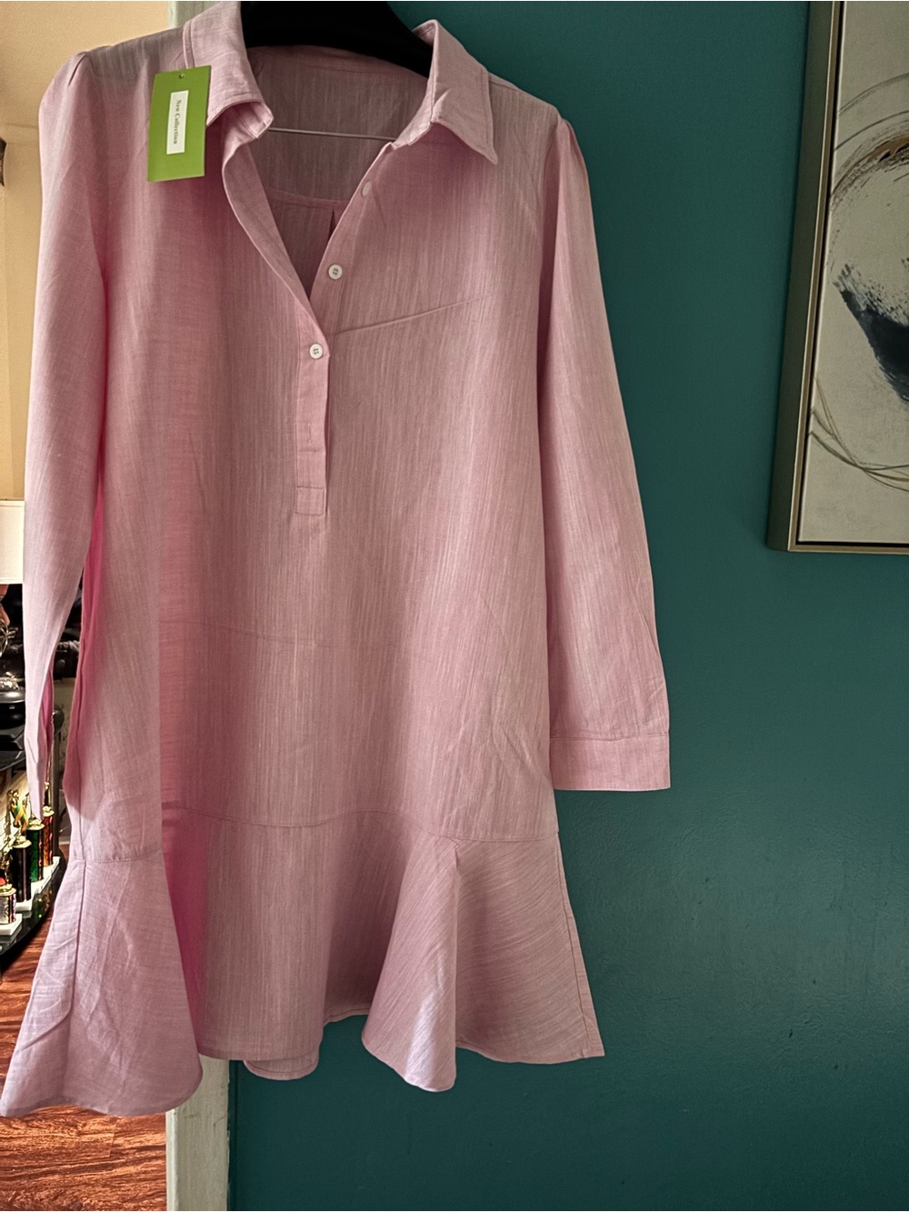 New collection Pink Ruffle-Hem Long Sleeve Tunic Dress